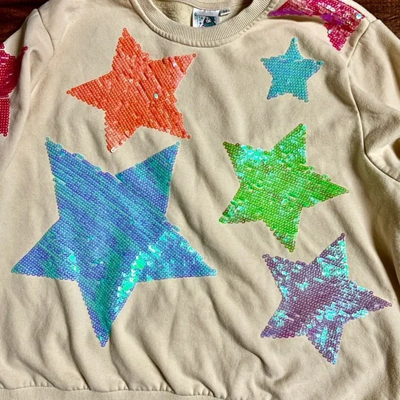 Queen Of Sparkle ~ Medium ~ White W/ Multi-Colors Star Sequins Sweater (Read) - Picture 6 of 12